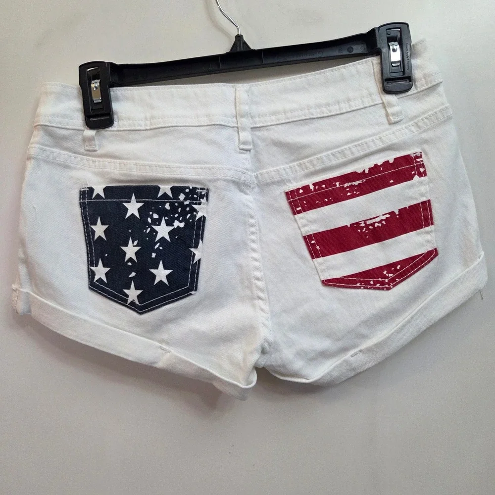 Womens White American Flag Denim Shorts Stars Stripes Patriotic Hot Pants M